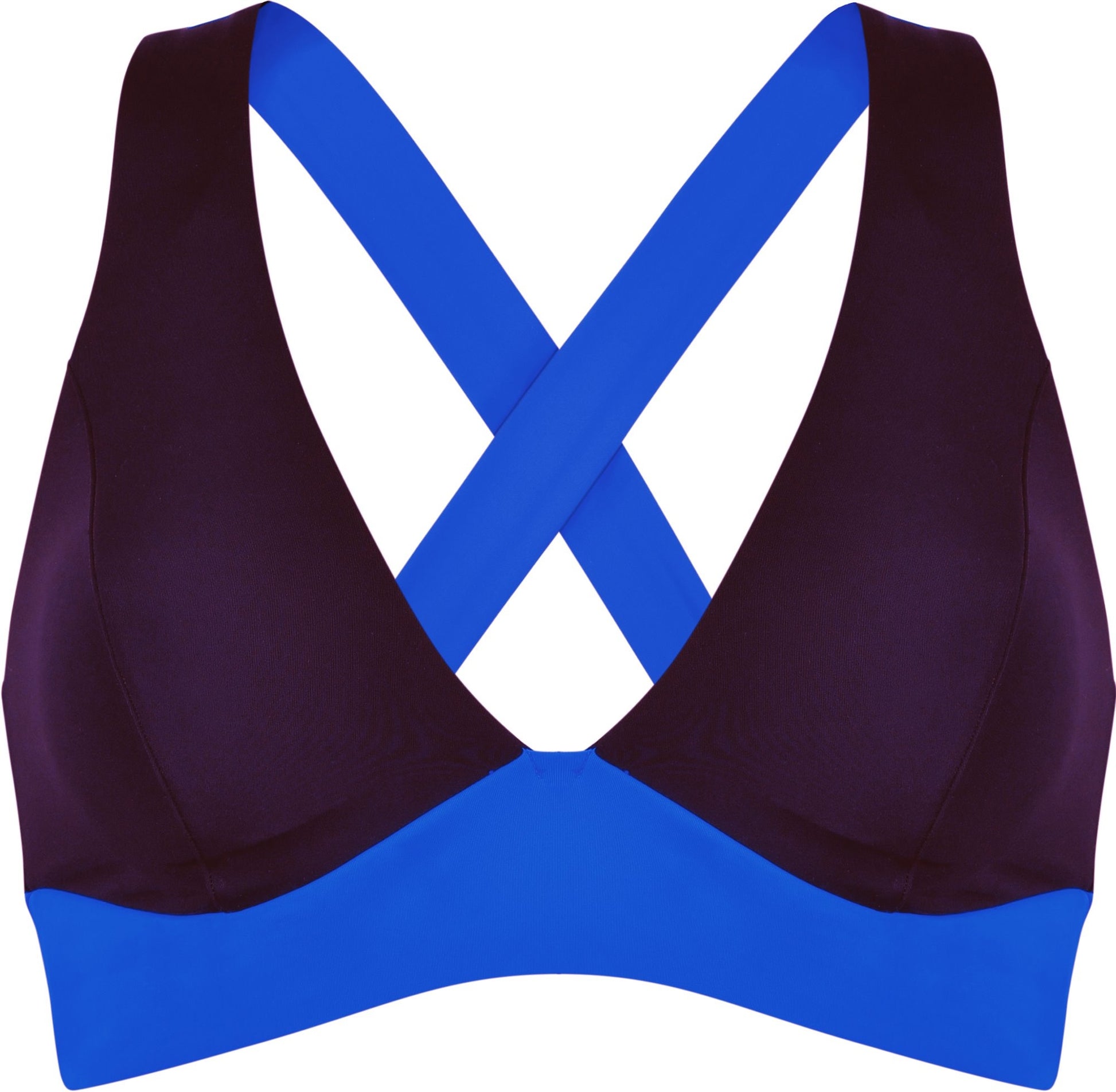 Sportig bikinitopp med vadderade kupor och criss‑cross‑rygg i snabbtorkande material för strand och pool.
