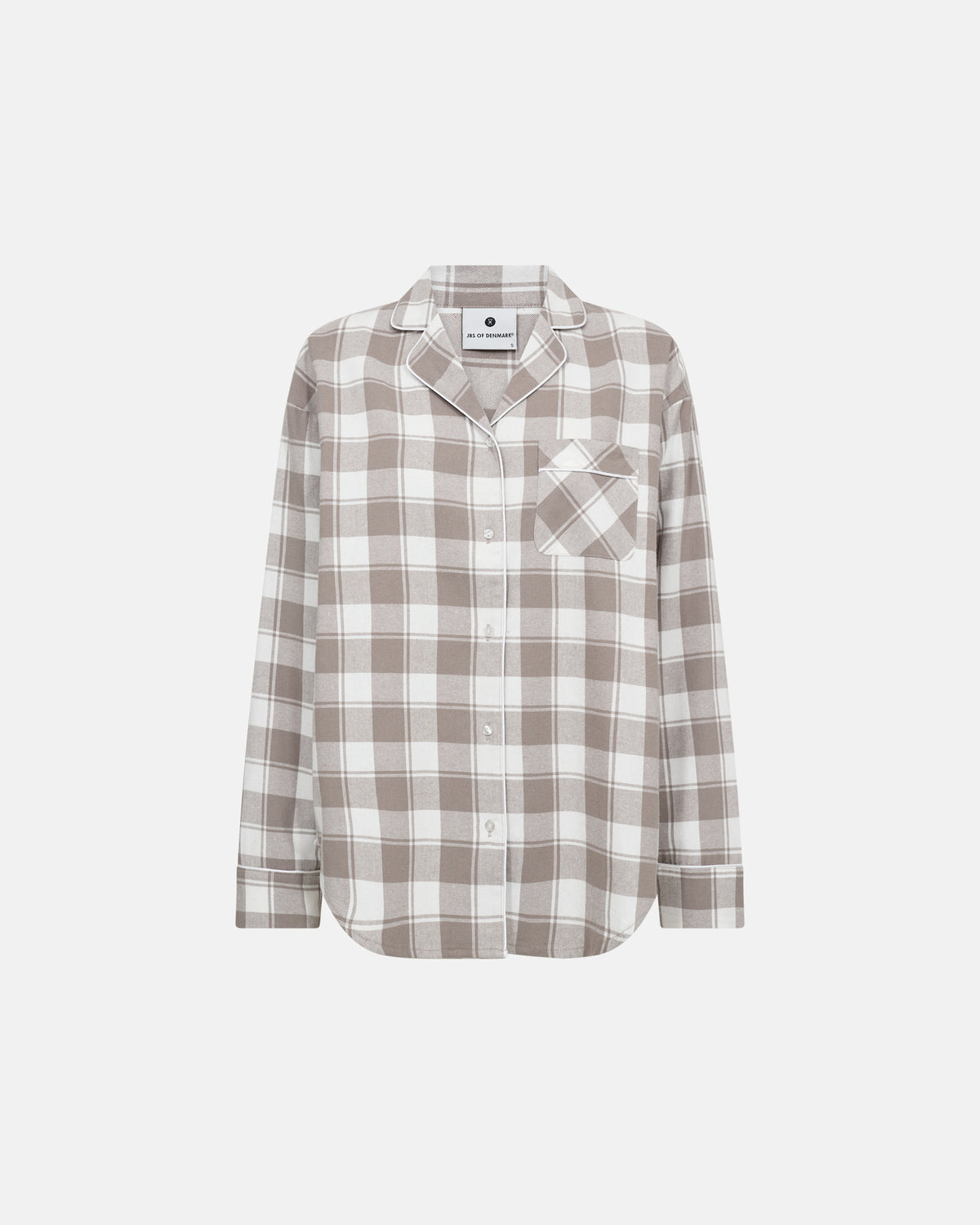 Pyjamasskjorta i ljusbeige och vitt rutmönster med bröstficka och klassisk design.